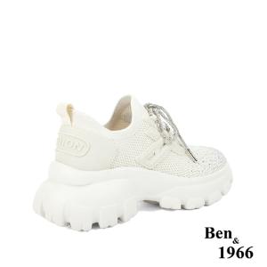 Ben&1966時髦燙鑽飛織布閃亮綁帶厚底休閒鞋-米白(236222)