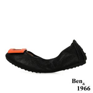 Ben&1966高級頭層水染羊皮經典方釦折疊鞋-黑(1360441)