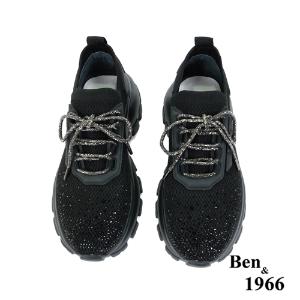 Ben&1966時髦燙鑽飛織布閃亮綁帶厚底休閒鞋-黑(236221)