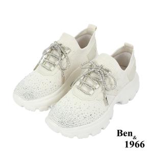 Ben&1966時髦燙鑽飛織布閃亮綁帶厚底休閒鞋-米白(236222)