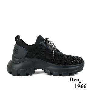 Ben&1966時髦燙鑽飛織布閃亮綁帶厚底休閒鞋-黑(236221)