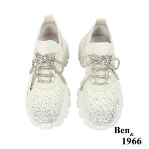 Ben&1966時髦燙鑽飛織布閃亮綁帶厚底休閒鞋-米白(236222)