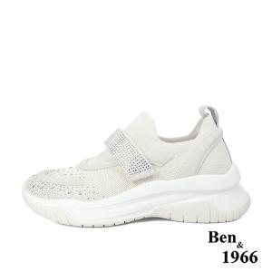 Ben&1966流行燙鑽飛織布厚底休閒鞋-米白(236212)