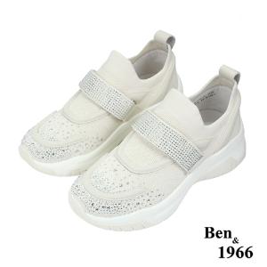 Ben&1966流行燙鑽飛織布厚底休閒鞋-米白(236212)