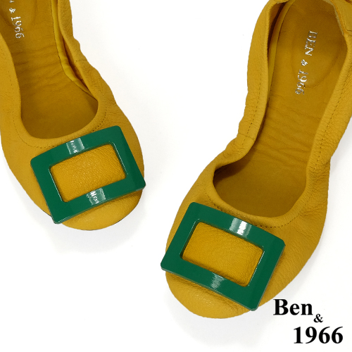 Ben&1966高級頭層水染羊皮經典方釦折疊鞋-黃(1360445)