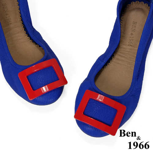 Ben&1966高級頭層水染羊皮經典方釦折疊鞋-藍(1360442)