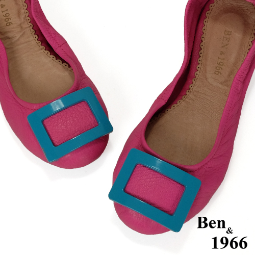 Ben&1966高級頭層水染羊皮經典方釦折疊鞋-桃紅(1360446)
