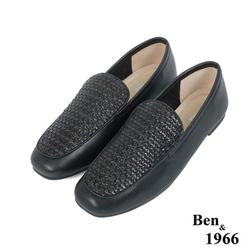 Ben&1966高級頭層牛皮質感編織樂福鞋-黑(236021)