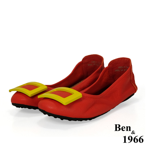 Ben&1966高級頭層水染羊皮經典方釦折疊鞋-紅(1360444)