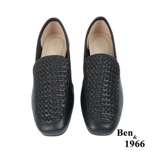 Ben&1966高級頭層牛皮質感編織樂福鞋-黑(236021)