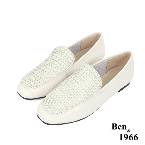Ben&1966高級頭層牛皮質感編織樂福鞋-米白(236023)