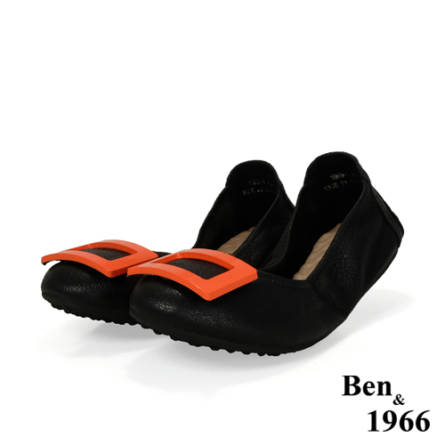 Ben&1966高級頭層水染羊皮經典方釦折疊鞋-黑(1360441)