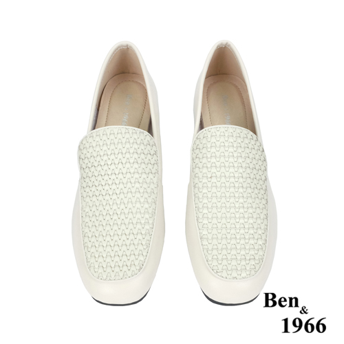 Ben&1966高級頭層牛皮質感編織樂福鞋-米白(236023)