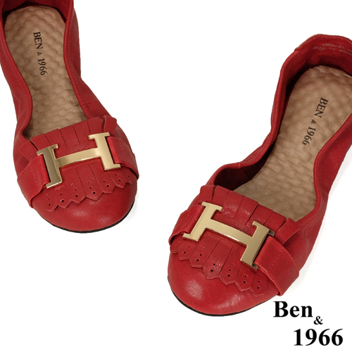 Ben&1966流行H釦水染羊皮摺疊鞋-紅(1560034)