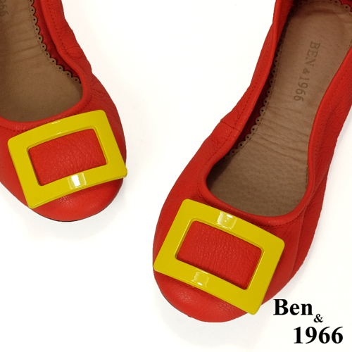 Ben&1966高級頭層水染羊皮經典方釦折疊鞋-紅(1360444)