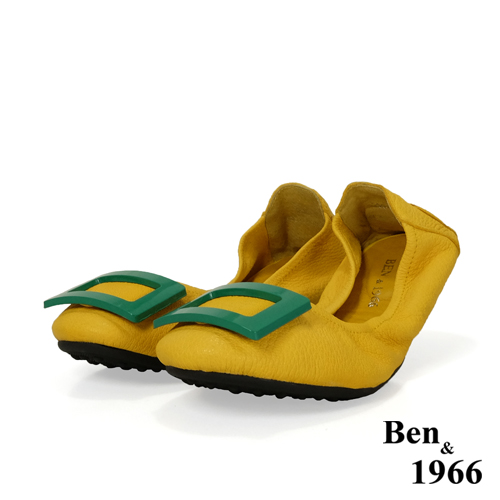 Ben&1966高級頭層水染羊皮經典方釦折疊鞋-黃(1360445)