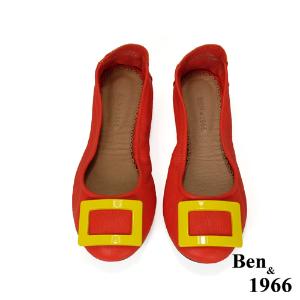 Ben&1966高級頭層水染羊皮經典方釦折疊鞋-紅(1360444)