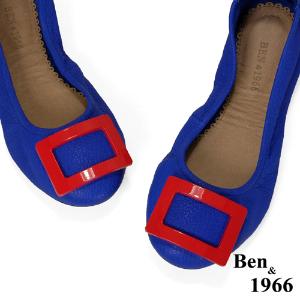 Ben&1966高級頭層水染羊皮經典方釦折疊鞋-藍(1360442)
