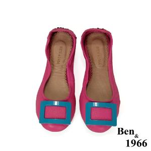 Ben&1966高級頭層水染羊皮經典方釦折疊鞋-桃紅(1360446)