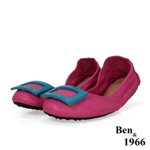 Ben&1966高級頭層水染羊皮經典方釦折疊鞋-桃紅(1360446)