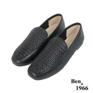 Ben&1966高級頭層牛皮質感編織樂福鞋-黑(236021)