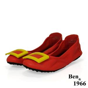 Ben&1966高級頭層水染羊皮經典方釦折疊鞋-紅(1360444)