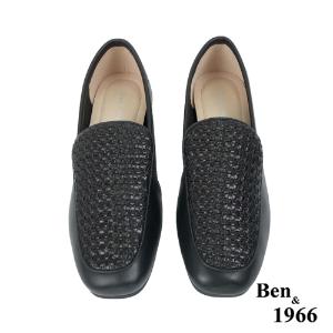 Ben&1966高級頭層牛皮質感編織樂福鞋-黑(236021)
