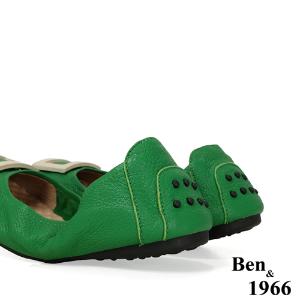 Ben&1966高級頭層水染羊皮經典方釦折疊鞋-綠(1360443)