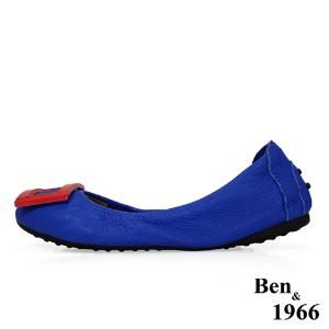 Ben&1966高級頭層水染羊皮經典方釦折疊鞋-藍(1360442)