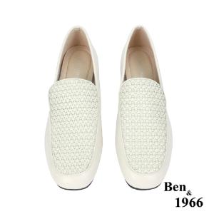 Ben&1966高級頭層牛皮質感編織樂福鞋-米白(236023)