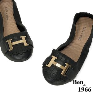 Ben&1966流行H釦水染羊皮摺疊鞋-黑(1560031)
