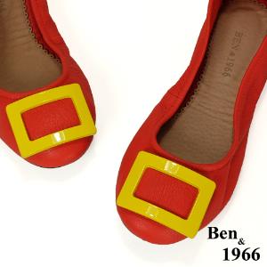 Ben&1966高級頭層水染羊皮經典方釦折疊鞋-紅(1360444)