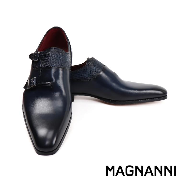 MAGNANNI 鞋襟半壓紋時尚雙扣孟克鞋 海軍藍(23117-NA)