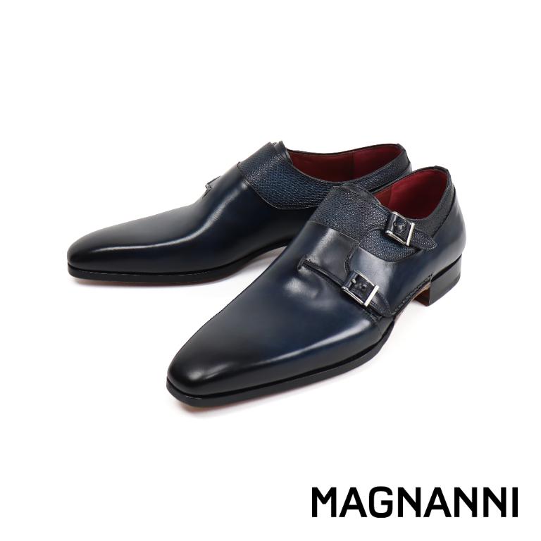MAGNANNI 鞋襟半壓紋時尚雙扣孟克鞋 海軍藍(23117-NA)