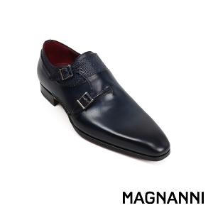 MAGNANNI 鞋襟半壓紋時尚雙扣孟克鞋 海軍藍(23117-NA)
