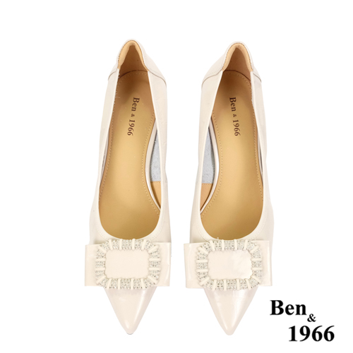 Ben&1966高級頭層牛皮流行尖頭高跟鞋-米白(236122)