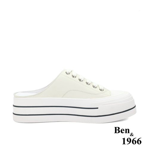 Ben&1966高級絲綢牛皮綁帶厚底休閒鞋-米白(236073)