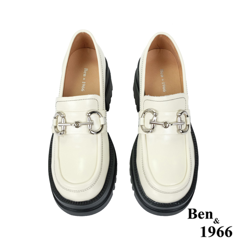 Ben&1966高級頭層牛油皮個性馬銜釦厚底樂福鞋-米白(236082)