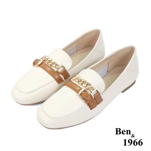 Ben&1966高級頭層牛皮個性金屬鍊樂福鞋-米白(236134)