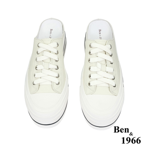 Ben&1966高級絲綢牛皮綁帶厚底休閒鞋-米白(236073)
