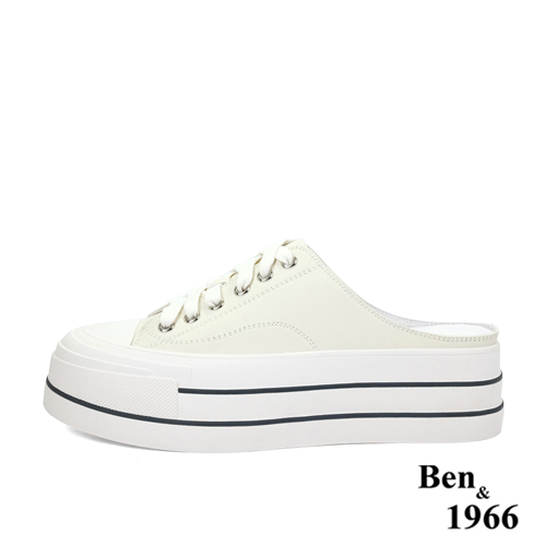 Ben&1966高級絲綢牛皮綁帶厚底休閒鞋-米白(236073)