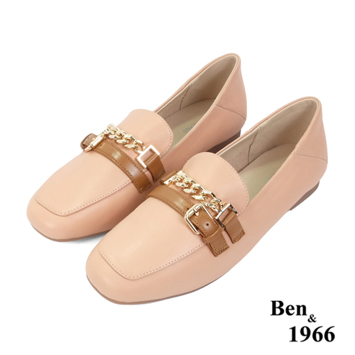 Ben&1966高級頭層牛皮個性金屬鍊樂福鞋-珊瑚粉(236133)