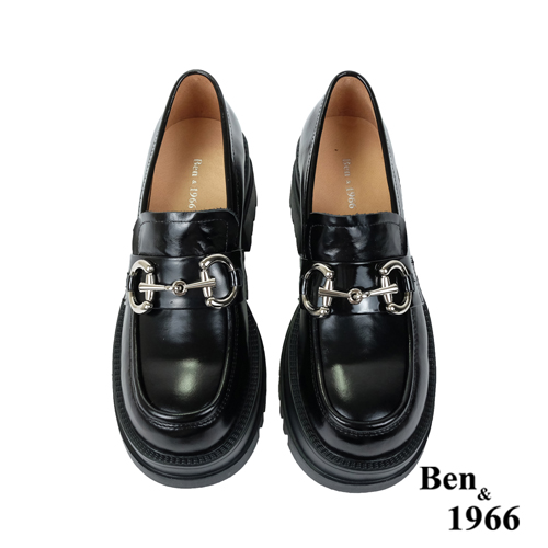 Ben&1966高級頭層牛油皮個性馬銜釦厚底樂福鞋-黑(236081)