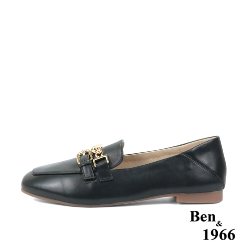 Ben&1966高級頭層牛皮個性金屬鍊樂福鞋-黑(236131)