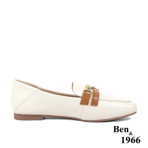 Ben&1966高級頭層牛皮個性金屬鍊樂福鞋-米白(236134)