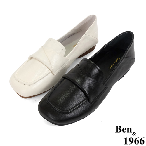 Ben&1966高級牛油皮簡約方頭舒適包鞋-米白(236032)