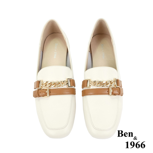Ben&1966高級頭層牛皮個性金屬鍊樂福鞋-米白(236134)