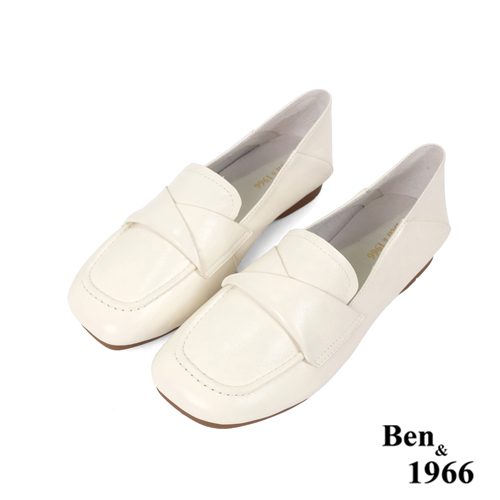 Ben&1966高級牛油皮簡約方頭舒適包鞋-米白(236032)