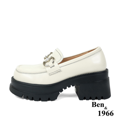 Ben&1966高級頭層牛油皮個性馬銜釦厚底樂福鞋-米白(236082)