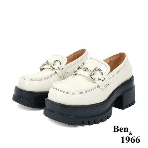 Ben&1966高級頭層牛油皮個性馬銜釦厚底樂福鞋-米白(236082)